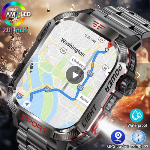 Explore the cutting-edge Huawei Xiaomi Military GPS Smart Watch with flashlight, compass, waterproof design, Bluetooth calls, and advanced fitness tracking features